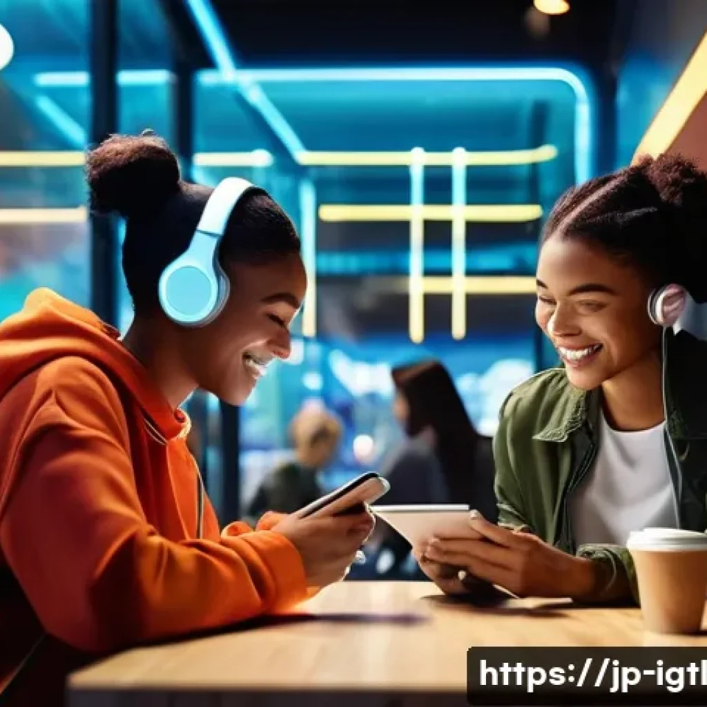 디지털 컴패니언십의 대중화 과정 - **Prompt:** A vibrant, futuristic urban scene at a bustling cafe. Diverse young adults (Z-generation...