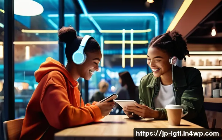 디지털 컴패니언십의 대중화 과정 - **Prompt:** A vibrant, futuristic urban scene at a bustling cafe. Diverse young adults (Z-generation...