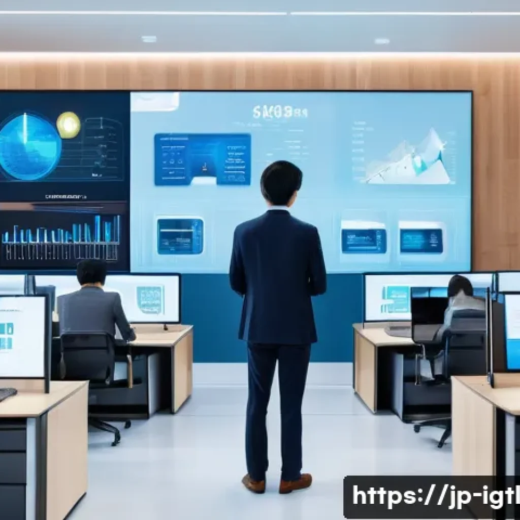 디지털 컴패니언십을 통한 차별화 전략 - A modern digital customer service center scene in Japan, featuring diverse Japanese office workers u...