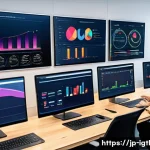 디지털 컴패니언십의 성과 측정 방법 - A modern Japanese office setting with a diverse team analyzing digital user behavior data on multipl...