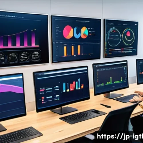 디지털 컴패니언십의 성과 측정 방법 - A modern Japanese office setting with a diverse team analyzing digital user behavior data on multipl...