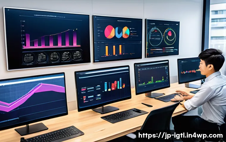 디지털 컴패니언십의 성과 측정 방법 - A modern Japanese office setting with a diverse team analyzing digital user behavior data on multipl...