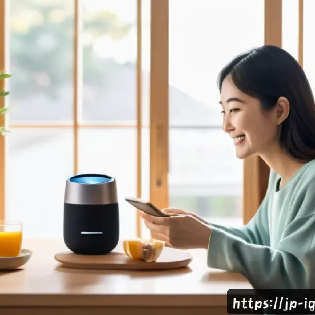 디지털 컴패니언십의 산업별 응용 - A cozy modern Japanese living room scene featuring a digital companion device resembling a sleek sma...