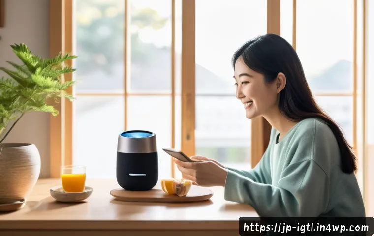 디지털 컴패니언십의 산업별 응용 - A cozy modern Japanese living room scene featuring a digital companion device resembling a sleek sma...