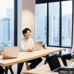 디지털 컴패니언십 관련 커뮤니티와 포럼 - A modern, cozy virtual meeting room with diverse Japanese young adults engaging in a lively video ca...