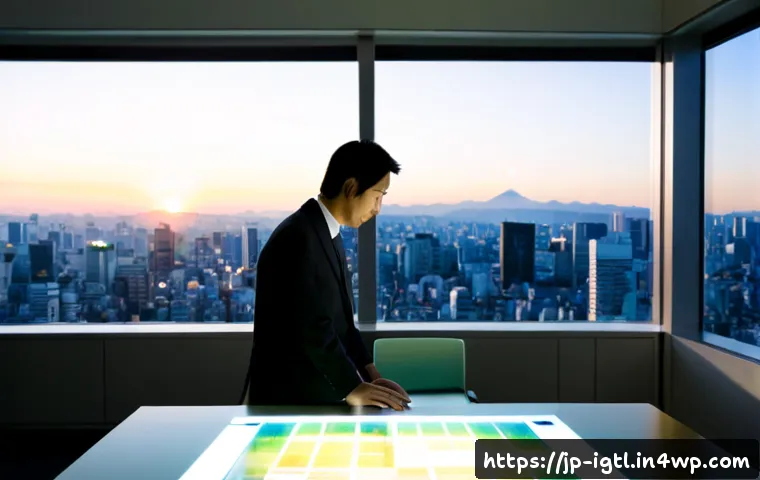 디지털 컴패니언십과 기업의 비전 - Photorealistic modern Japanese corporate office, a thoughtful Japanese executive and a friendly huma...